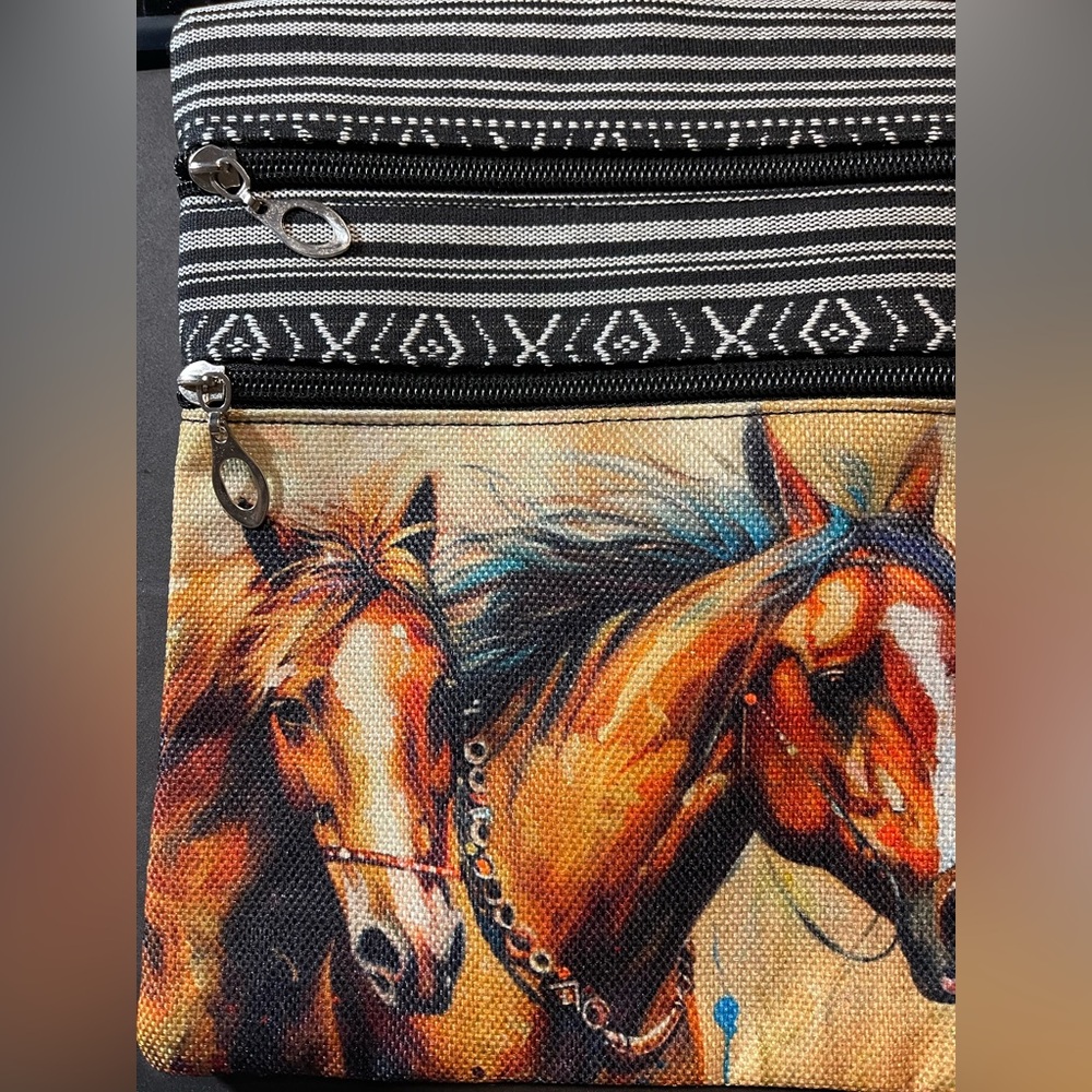 Horse Print Oil Painting Styled Crossbody Bag, 2 Side Zip Pockets 9.5x8 NEW